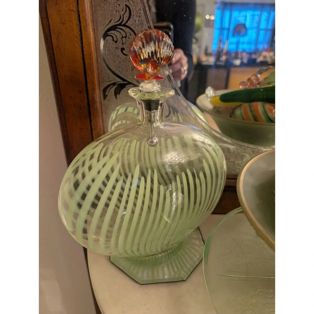 Retired Pier 1 Glass Vase W/ Green Stripes & Pier 1 Blown Glass Shell Stopper